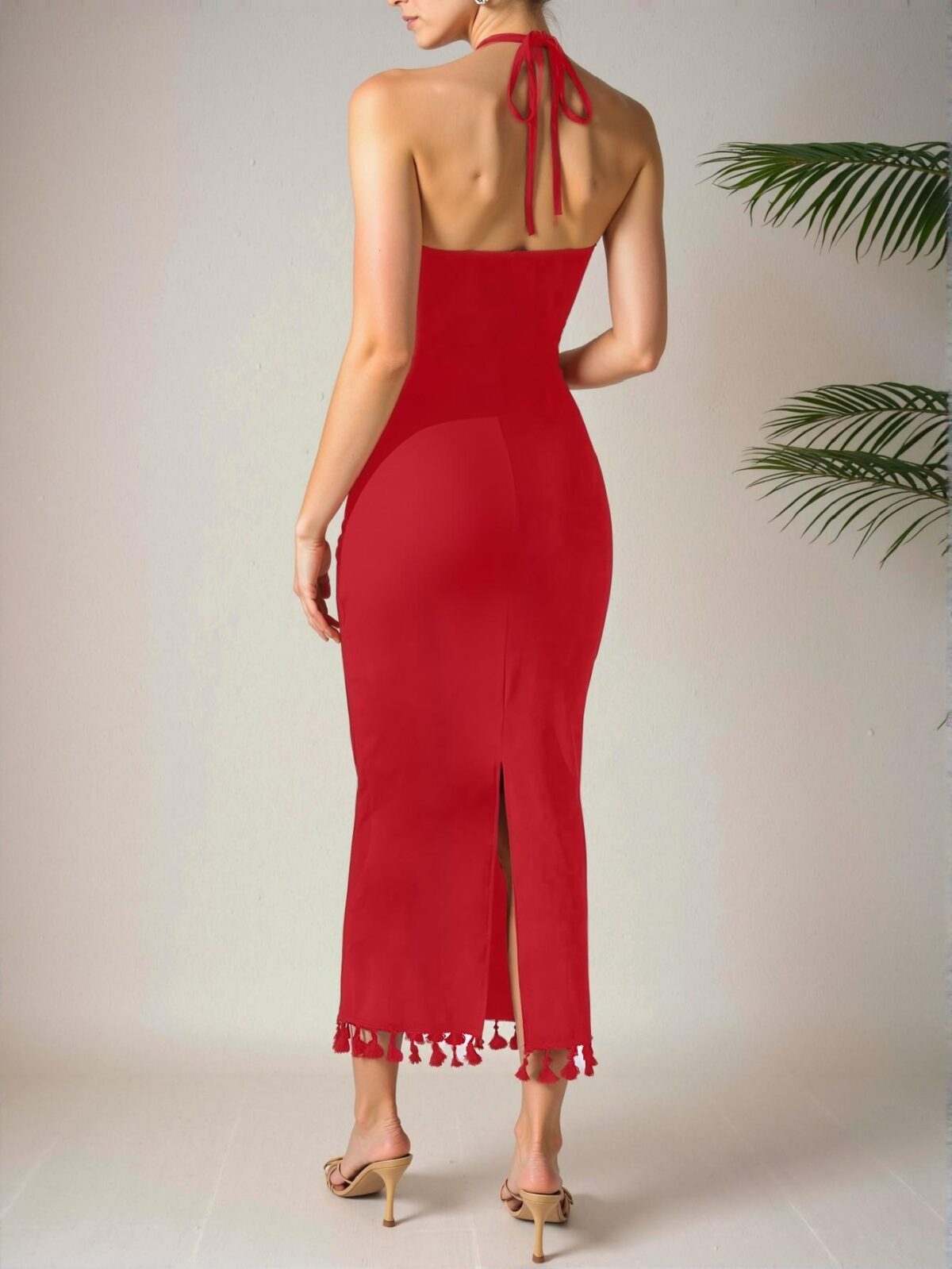 Elegant Burgundy Stylish Floral Halter Cami Midi Dress Perfect for Summer Chic, Classy and Trendy Fashion Style to Dress to Impress - Image 2