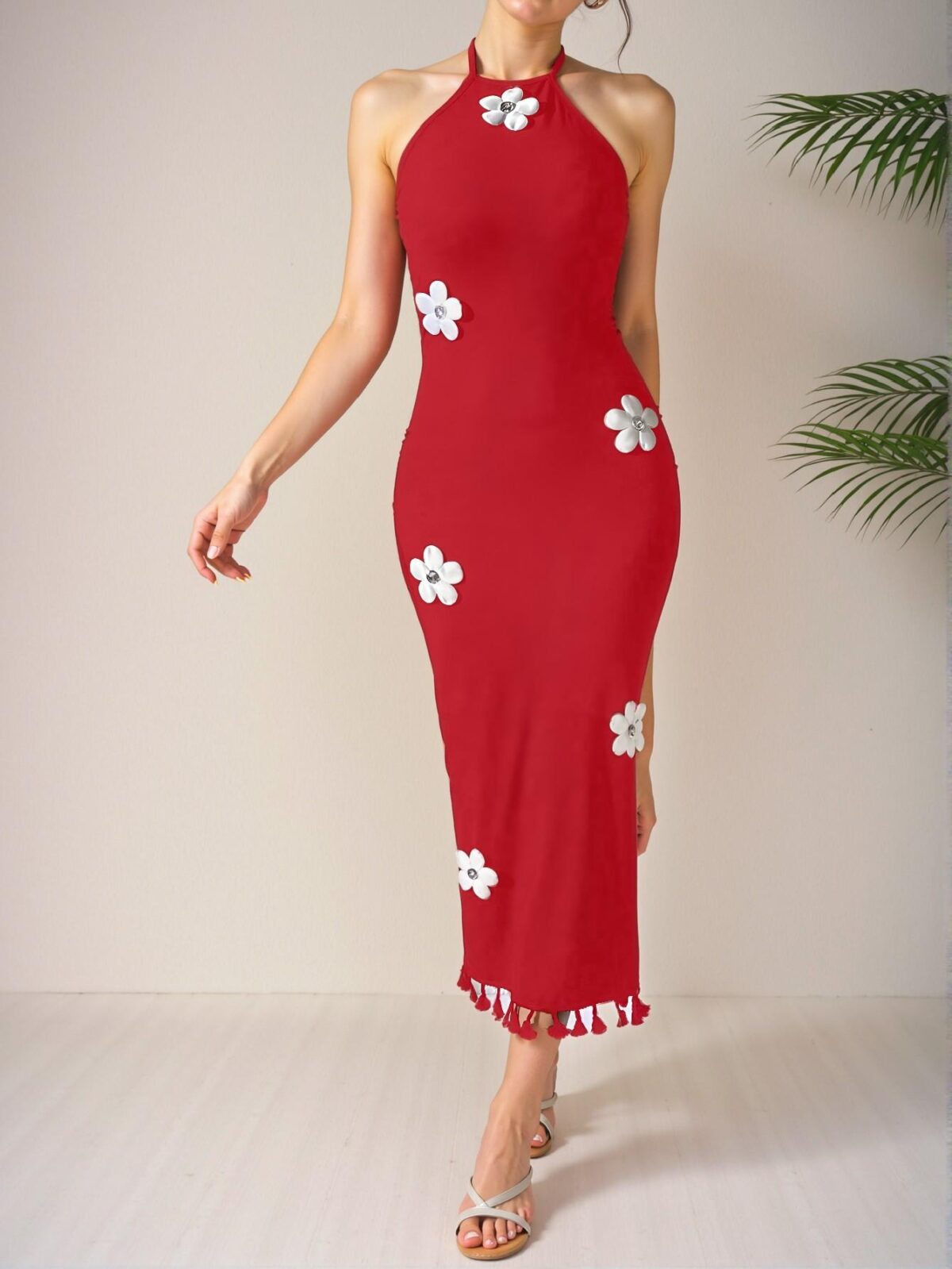 Elegant Burgundy Stylish Floral Halter Cami Midi Dress Perfect for Summer Chic, Classy and Trendy Fashion Style to Dress to Impress - Image 3