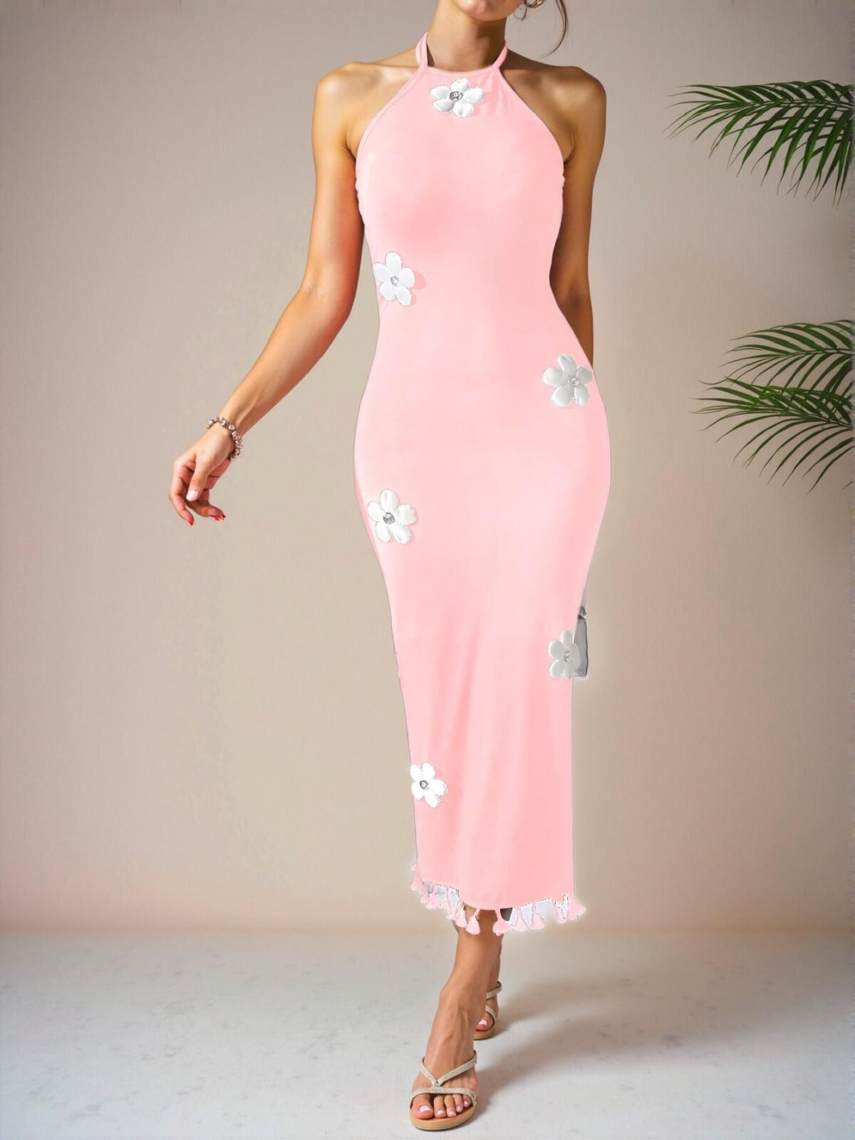Elegant Pink Chic Floral Print Halter Neck-Tie Fitted Dress, Stylish and Minimalist for Summer Wear - Chic, Classy and Trendy Fashion Style to Dress to Impress - Image 3