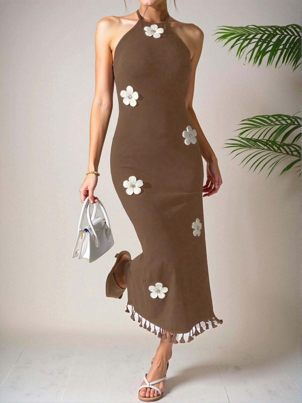Elegant Coffee Brown Stylish Flower Neck Fitted Dress, Minimalist and Chic for Warm Weather, Perfect for Beach Outings - Chic, Classy and Trendy Fashion Style to Dress to Impress