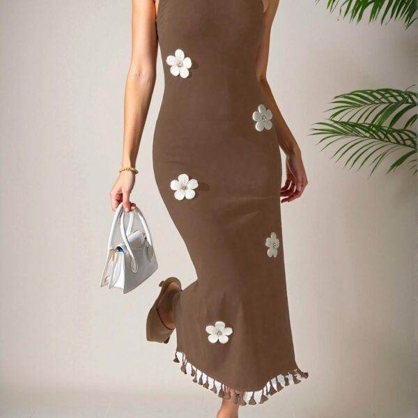 Elegant Coffee Brown Stylish Flower Neck Fitted Dress, Minimalist and Chic for Warm Weather, Perfect for Beach Outings - Chic, Classy and Trendy Fashion Style to Dress to Impress