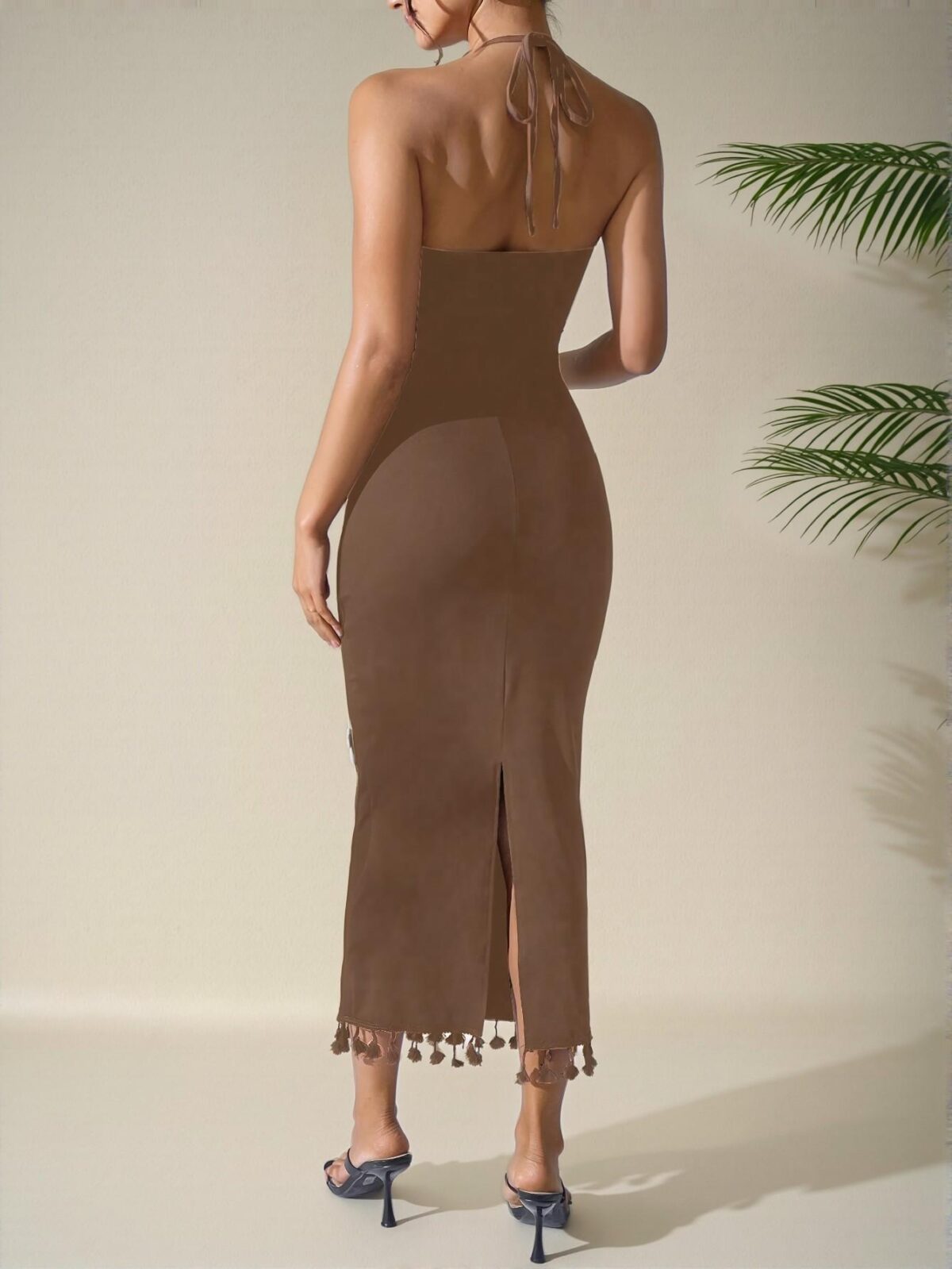 Elegant Coffee Brown Stylish Flower Neck Fitted Dress, Minimalist and Chic for Warm Weather, Perfect for Beach Outings - Chic, Classy and Trendy Fashion Style to Dress to Impress - Image 2