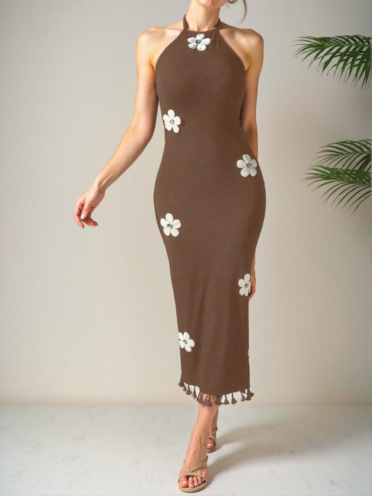 Elegant Coffee Brown Stylish Flower Neck Fitted Dress, Minimalist and Chic for Warm Weather, Perfect for Beach Outings - Chic, Classy and Trendy Fashion Style to Dress to Impress - Image 3