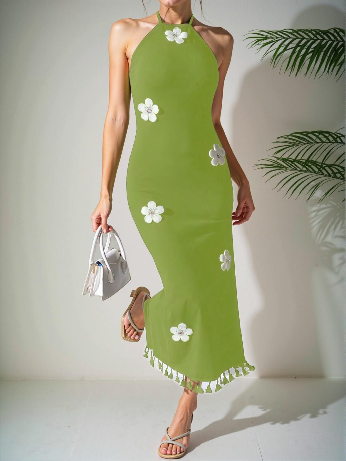 Elegant Olive Green Floral Print Halter Neck Bodycon Holiday Dress Chic, Classy and Trendy Fashion Style to Dress to Impress