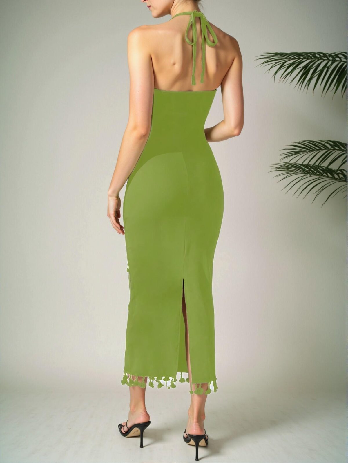 Elegant Olive Green Floral Print Halter Neck Bodycon Holiday Dress Chic, Classy and Trendy Fashion Style to Dress to Impress - Image 2