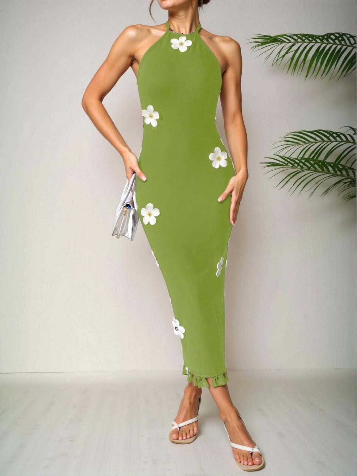 Elegant Olive Green Floral Print Halter Neck Bodycon Holiday Dress Chic, Classy and Trendy Fashion Style to Dress to Impress - Image 4