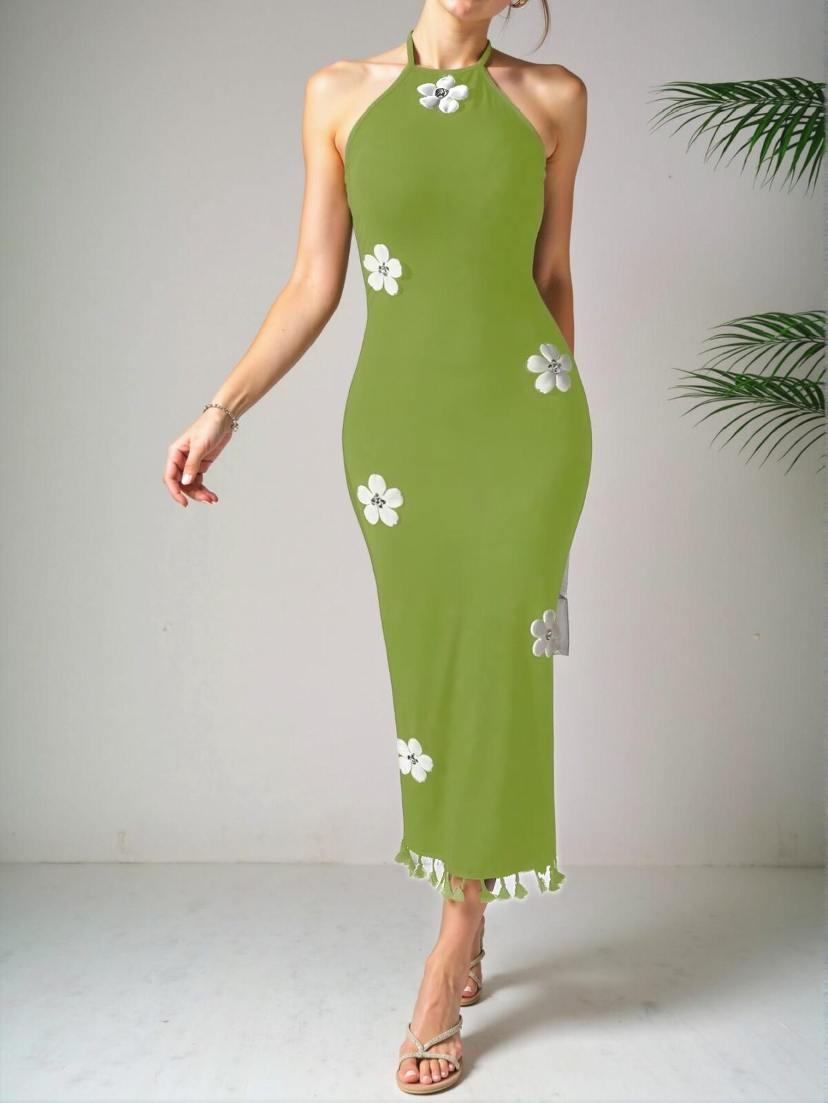 Elegant Olive Green Floral Print Halter Neck Bodycon Holiday Dress Chic, Classy and Trendy Fashion Style to Dress to Impress - Image 5