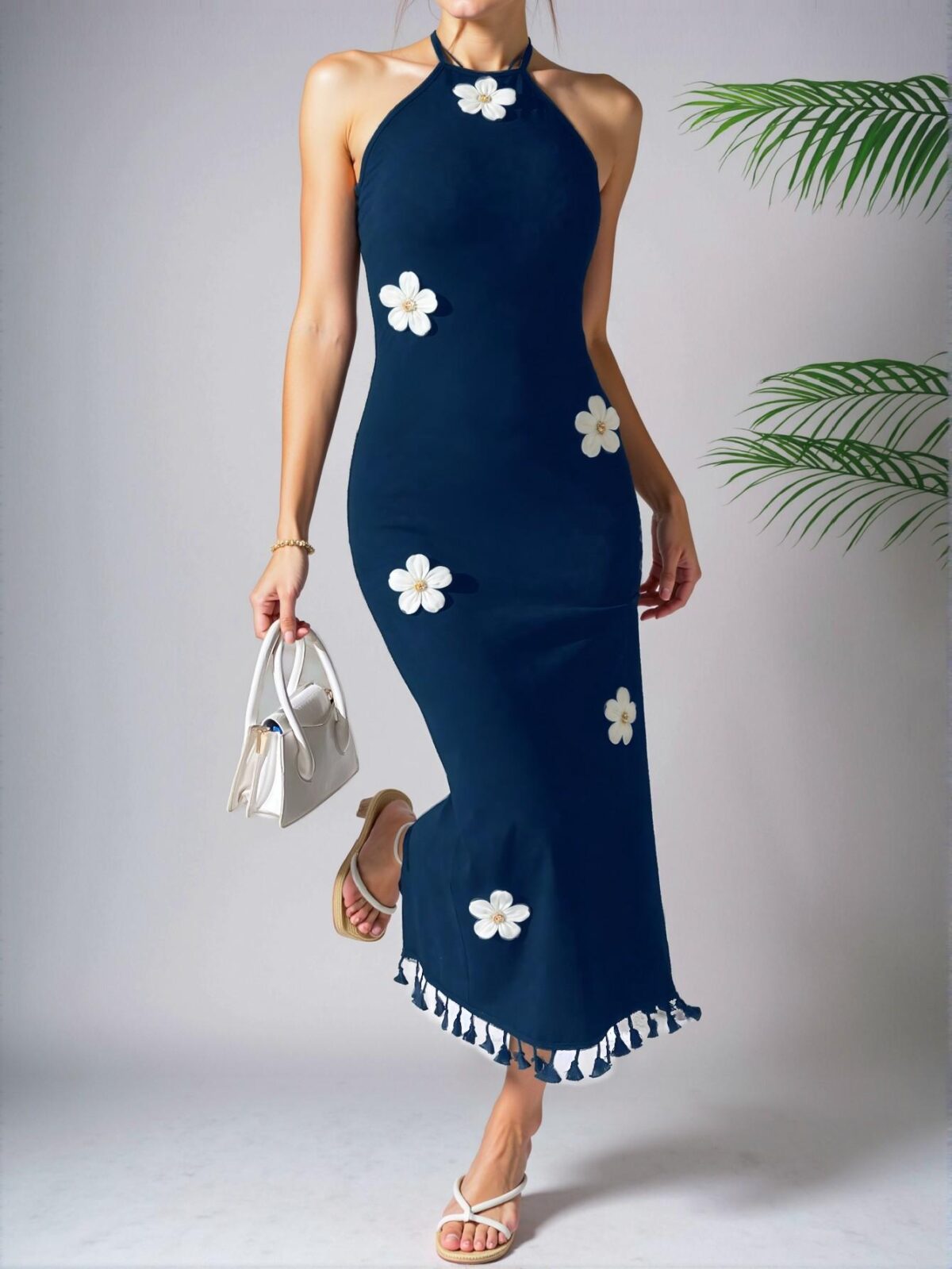Elegant Navy Blue Floral-Inspired Halter Neck Fitted Sleeveless Mini Dress, Perfect for Summer Outings - Chic, Classy and Trendy Fashion Style to Dress to Impress