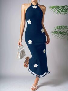 Elegant Navy Blue Floral-Inspired Halter Neck Fitted Sleeveless Mini Dress, Perfect for Summer Outings - Chic, Classy and Trendy Fashion Style to Dress to Impress