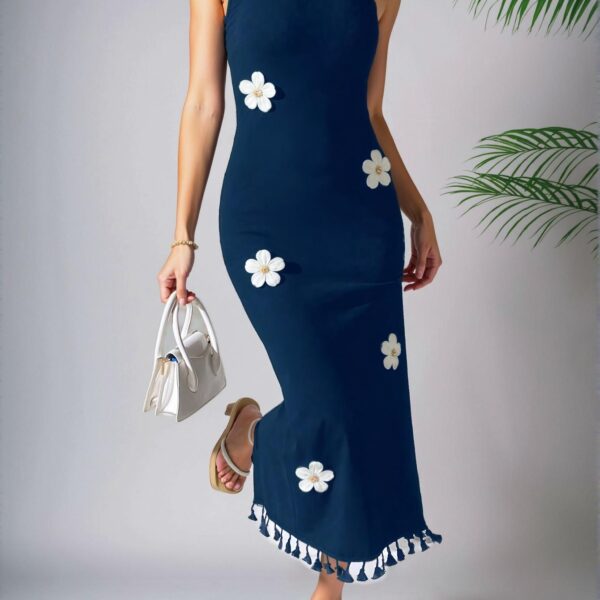 Elegant Navy Blue Floral-Inspired Halter Neck Fitted Sleeveless Mini Dress, Perfect for Summer Outings - Chic, Classy and Trendy Fashion Style to Dress to Impress