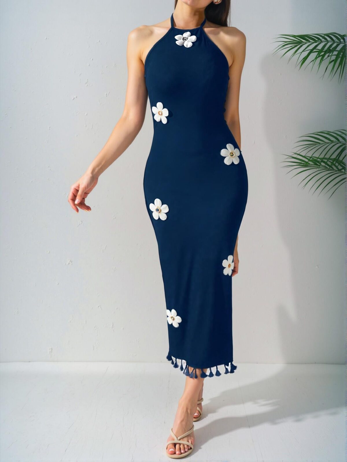 Elegant Navy Blue Floral-Inspired Halter Neck Fitted Sleeveless Mini Dress, Perfect for Summer Outings - Chic, Classy and Trendy Fashion Style to Dress to Impress - Image 3