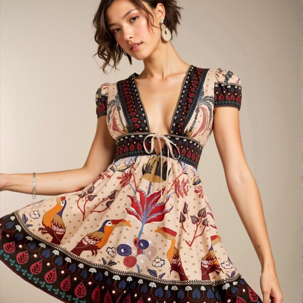 Elegant Multicolor Boho V-Neck Short Sleeve Mini Dress with Ruffle Hem for Women, Spring/Summer - Chic, Classy and Trendy Fashion Style to Dress to Impress