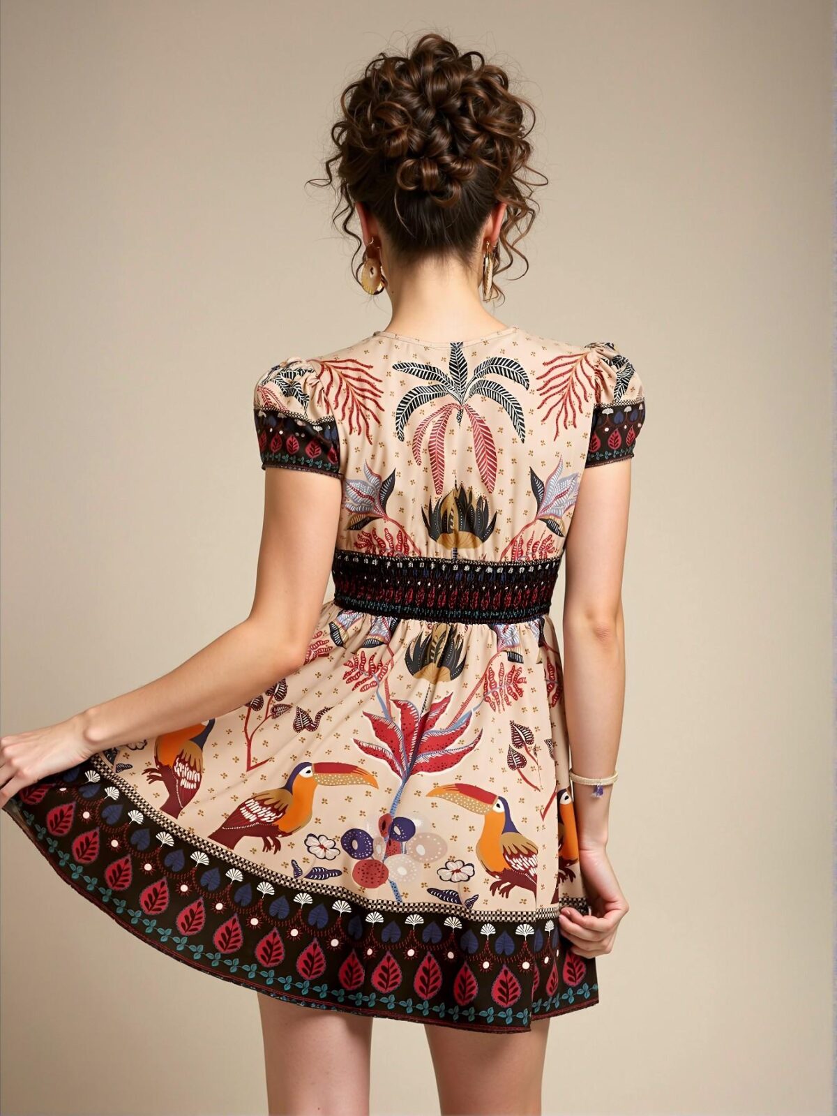 Elegant Multicolor Boho V-Neck Short Sleeve Mini Dress with Ruffle Hem for Women, Spring/Summer - Chic, Classy and Trendy Fashion Style to Dress to Impress - Image 2