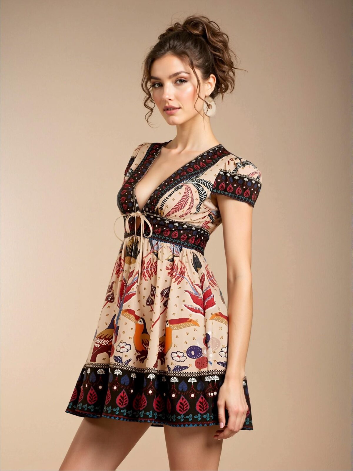 Elegant Multicolor Boho V-Neck Short Sleeve Mini Dress with Ruffle Hem for Women, Spring/Summer - Chic, Classy and Trendy Fashion Style to Dress to Impress - Image 3