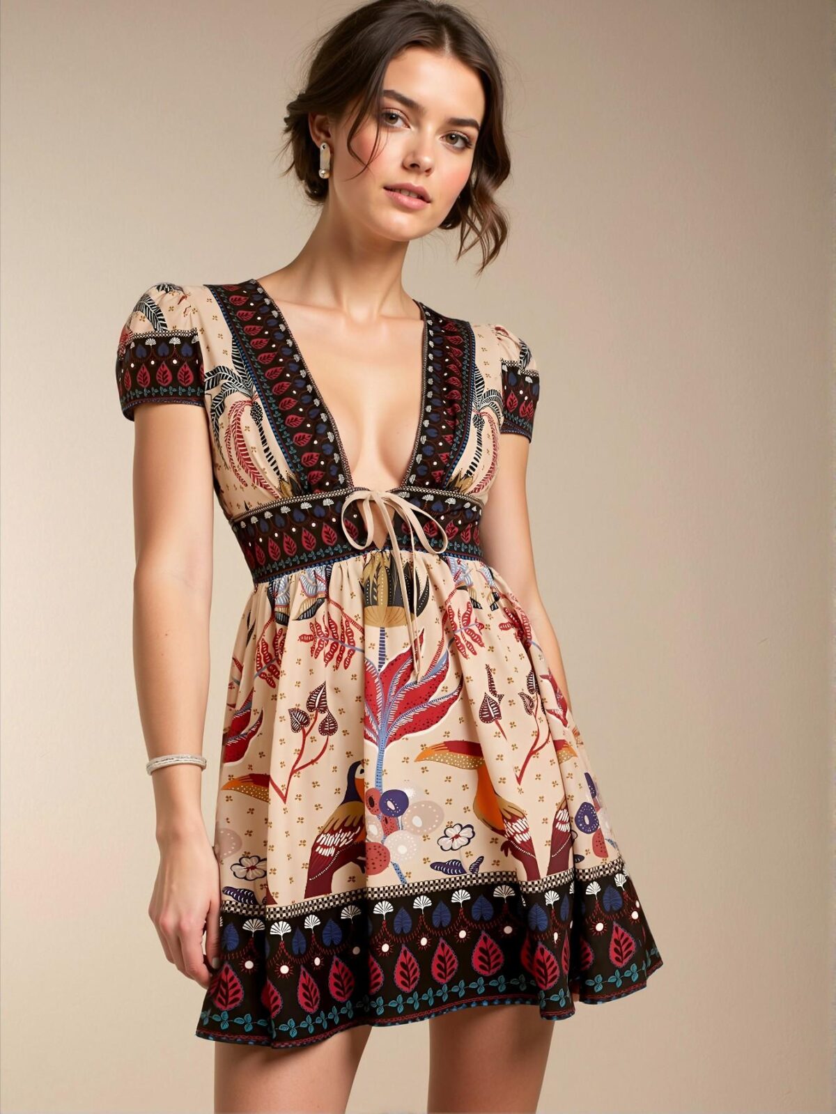 Elegant Multicolor Boho V-Neck Short Sleeve Mini Dress with Ruffle Hem for Women, Spring/Summer - Chic, Classy and Trendy Fashion Style to Dress to Impress - Image 5