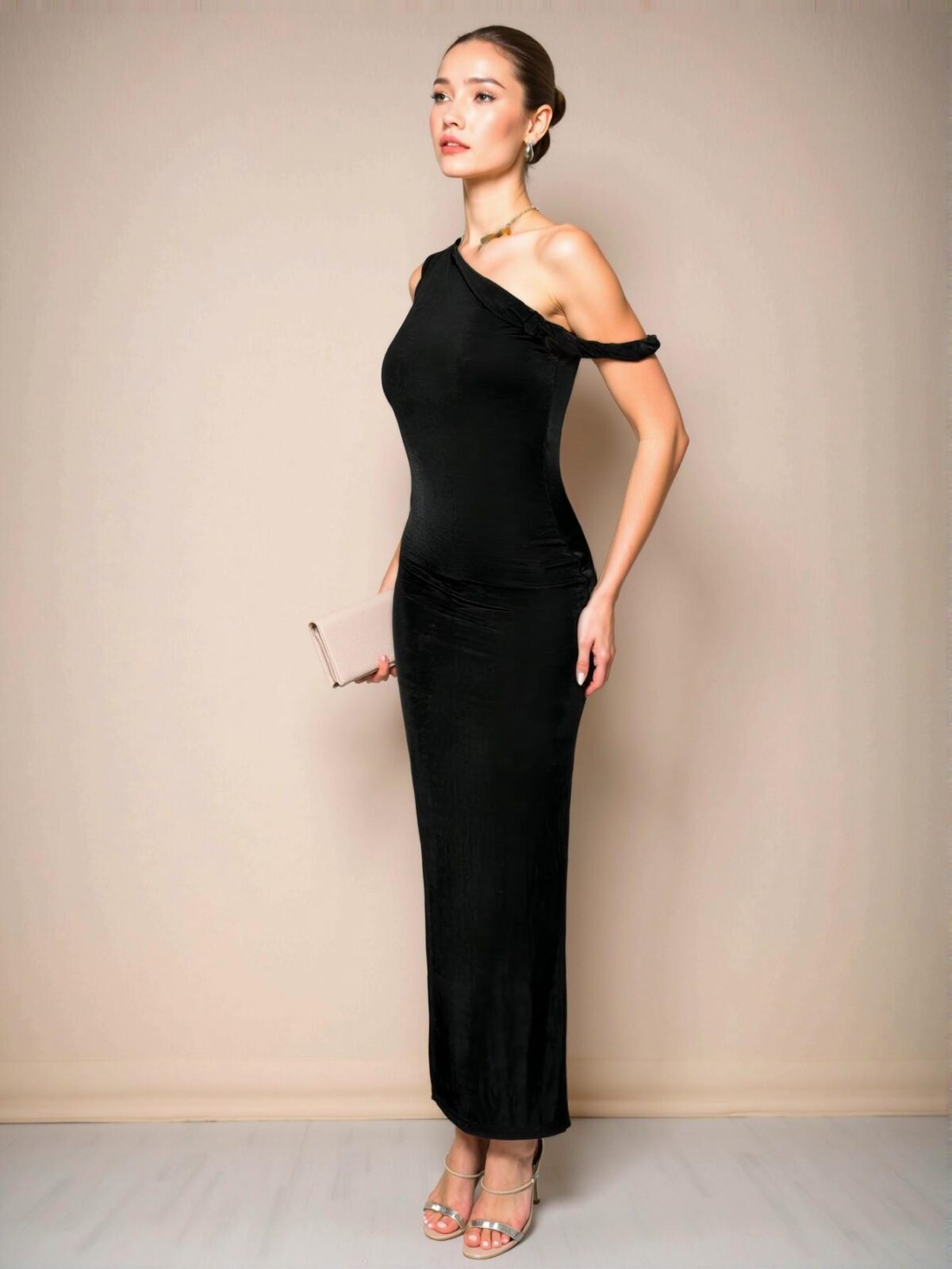 Elegant Black Asymmetrical Neck Twisted Bodycon Dress for Casual, Date, Night Out, and Party Events this Autumn - Chic, Classy and Trendy Fashion Style to Dress to Impress - Image 4