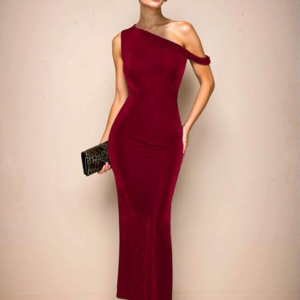 Elegant Burgundy Stylish Asymmetrical Neck Twist Dress for Daily Outings, Nightlife, and Autumn Celebrations - Chic, Classy and Trendy Fashion Style to Dress to Impress