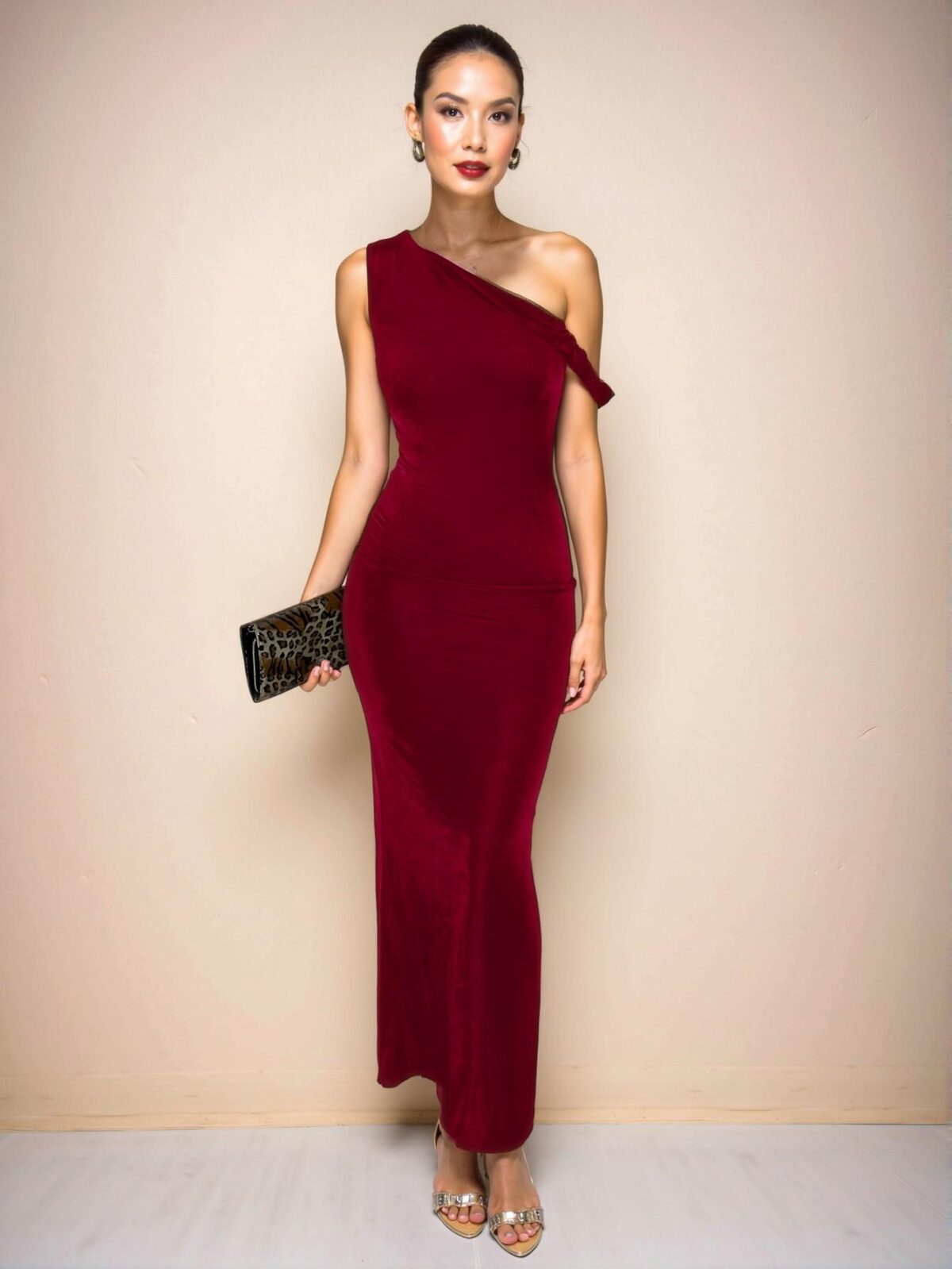 Elegant Burgundy Stylish Asymmetrical Neck Twist Dress for Daily Outings, Nightlife, and Autumn Celebrations - Chic, Classy and Trendy Fashion Style to Dress to Impress - Image 3