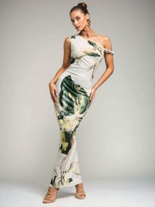 Elegant Green Asymmetrical Open Shoulder Slim Long Dress for Women, Stylish Vacation Attire for Summer - Chic, Classy, and Trendy Fashion Style to Dress to Impress