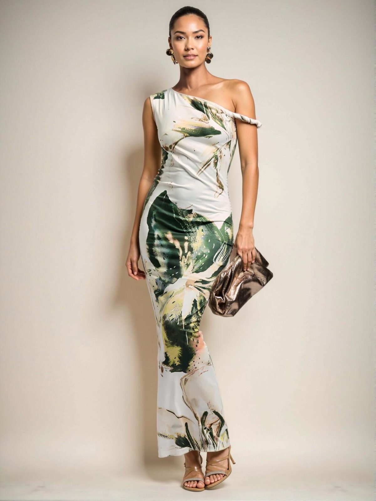 Elegant Green Asymmetrical Open Shoulder Slim Long Dress for Women, Stylish Vacation Attire for Summer - Chic, Classy, and Trendy Fashion Style to Dress to Impress - Image 3