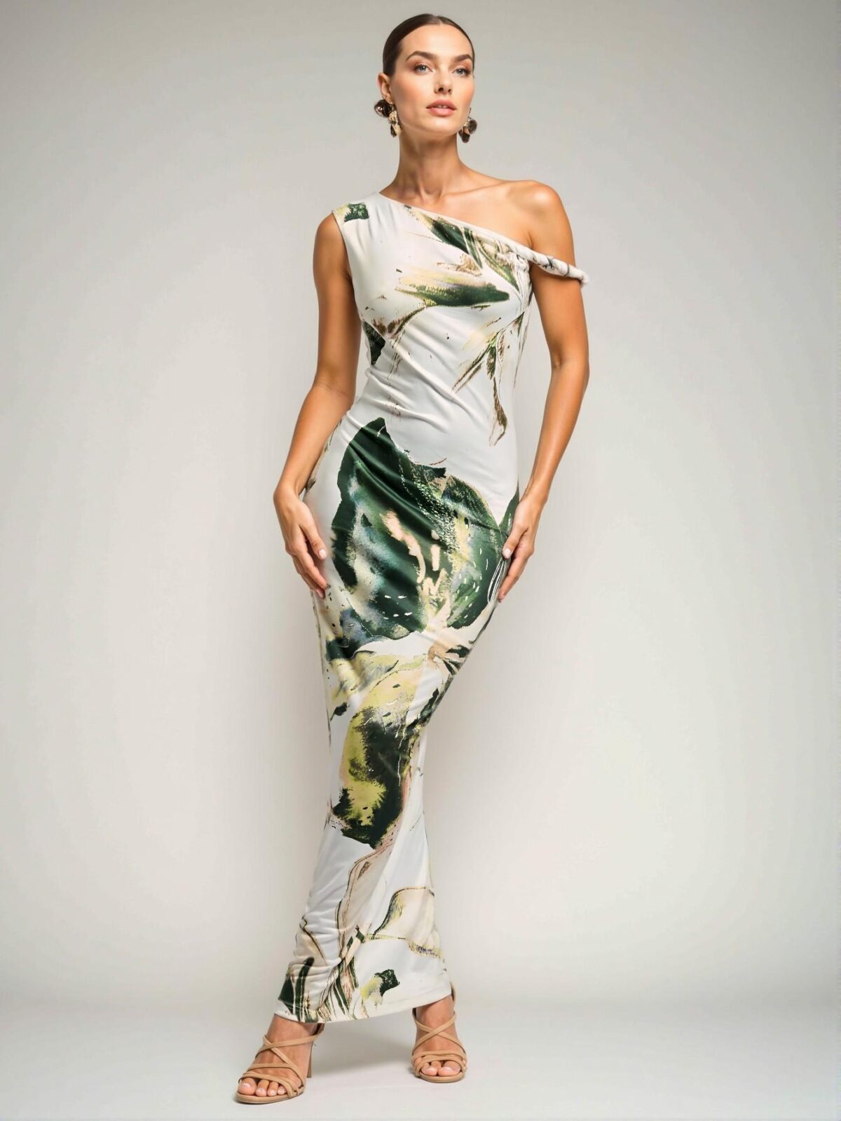 Elegant Green Asymmetrical Open Shoulder Slim Long Dress for Women, Stylish Vacation Attire for Summer - Chic, Classy, and Trendy Fashion Style to Dress to Impress - Image 5