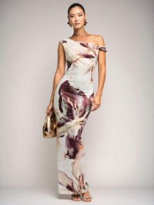 Elegant Multicolor Asymmetrical Open Shoulder Bodycon Dress with Floral Print for Summer and Tea Party Occasions - Chic, Classy, and Trendy Fashion Style to Dress to Impress