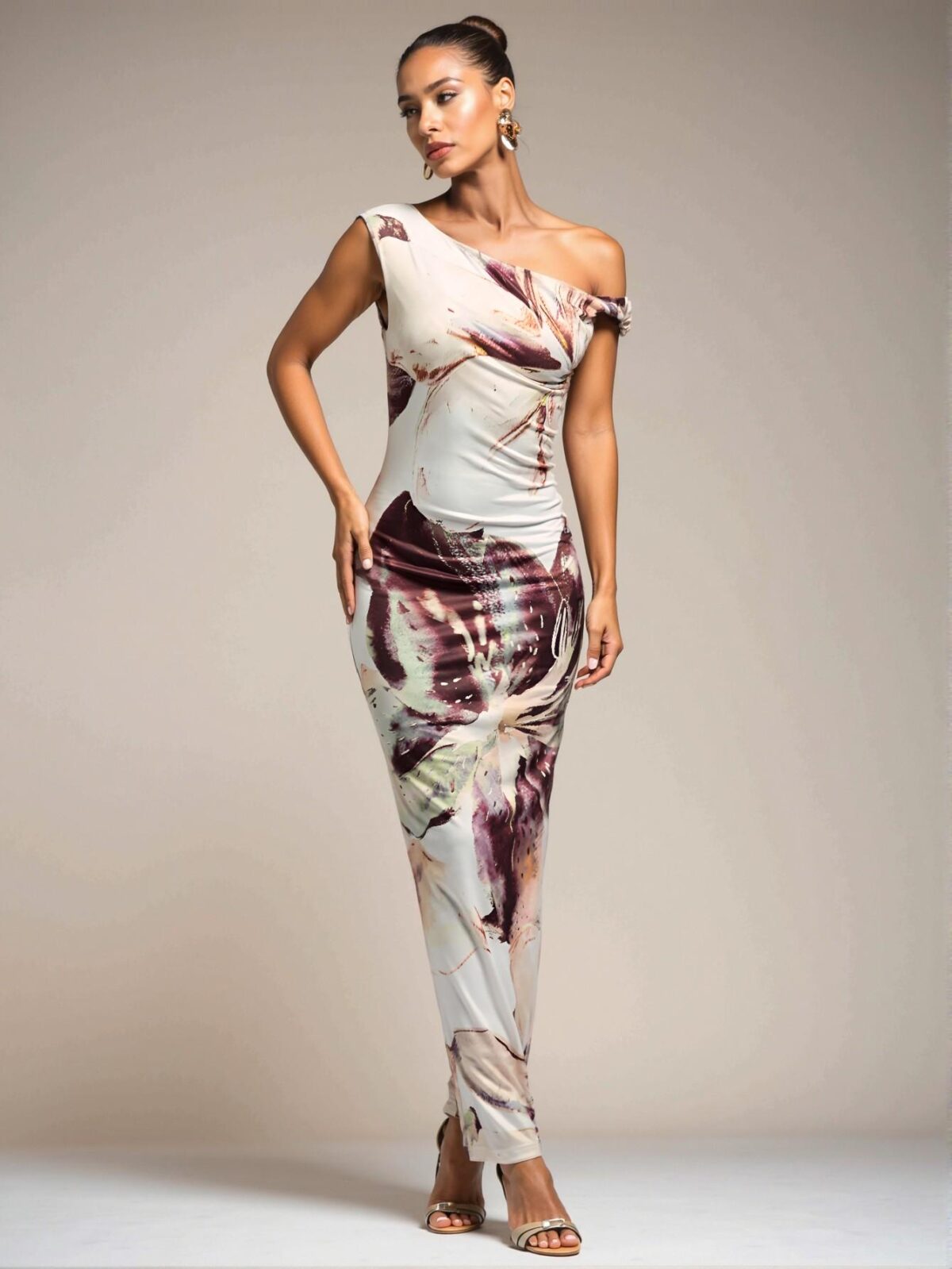 Elegant Multicolor Asymmetrical Open Shoulder Bodycon Dress with Floral Print for Summer and Tea Party Occasions - Chic, Classy, and Trendy Fashion Style to Dress to Impress - Image 4