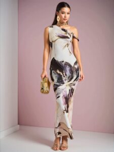Elegant White Asymmetrical Floral Print Open Shoulder Maxi Dress, Stylish for Night Out - Chic, Classy and Trendy Fashion Style to Dress to Impress