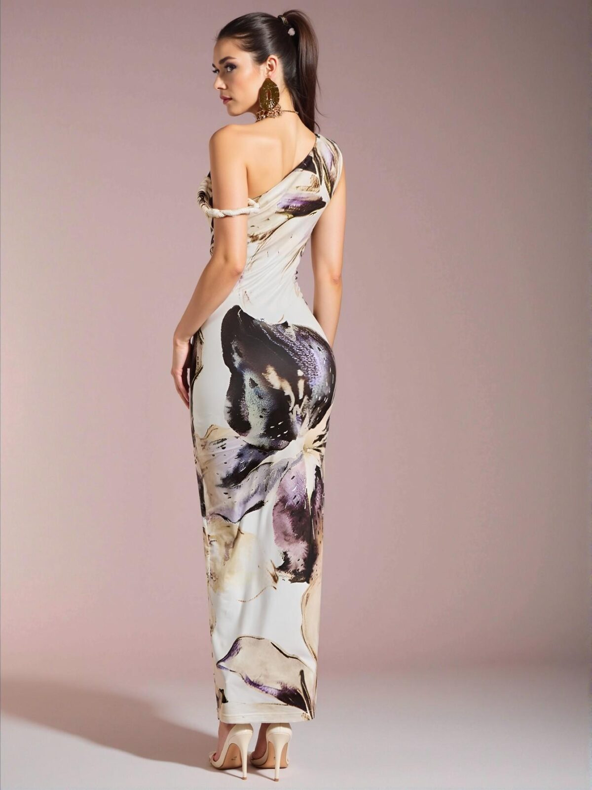 Elegant White Asymmetrical Floral Print Open Shoulder Maxi Dress, Stylish for Night Out - Chic, Classy and Trendy Fashion Style to Dress to Impress - Image 2