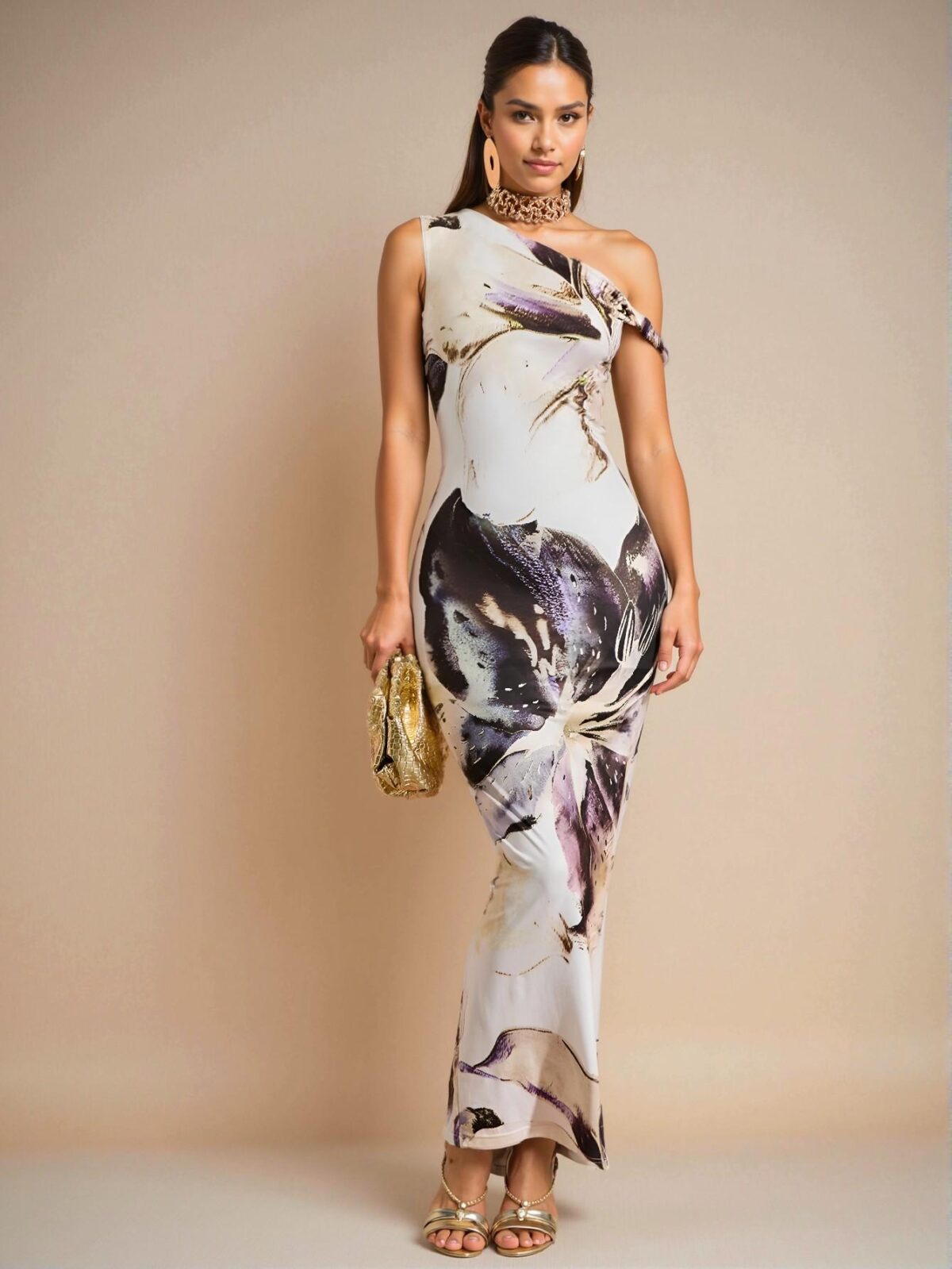 Elegant White Asymmetrical Floral Print Open Shoulder Maxi Dress, Stylish for Night Out - Chic, Classy and Trendy Fashion Style to Dress to Impress - Image 3