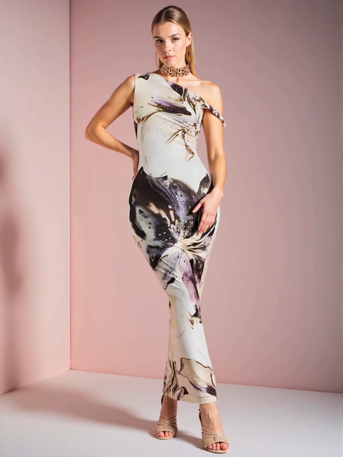 Elegant White Asymmetrical Floral Print Open Shoulder Maxi Dress, Stylish for Night Out - Chic, Classy and Trendy Fashion Style to Dress to Impress - Image 4