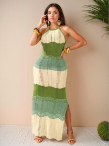 Elegant Green Stylish Split Hem Knitted Dress for Beach Vacations - Chic, Classy and Trendy Fashion Style to Dress to Impress