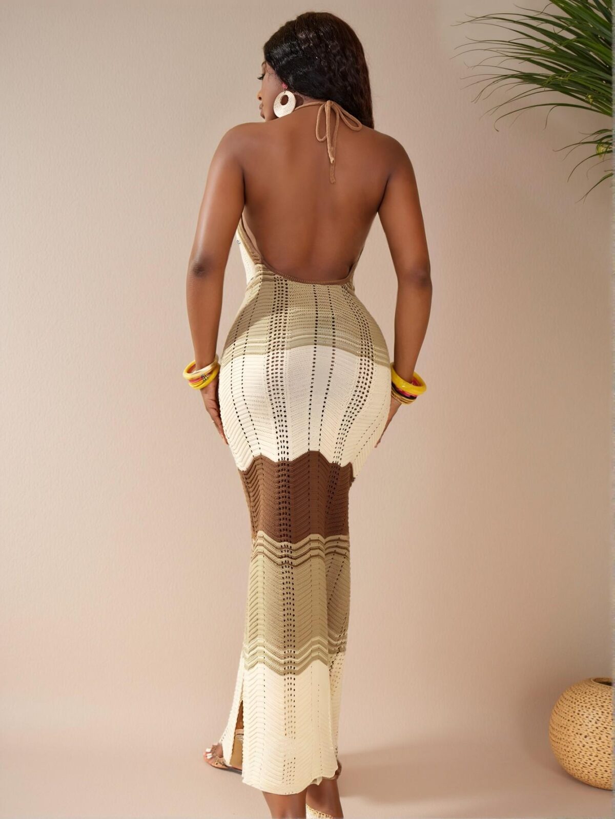 Elegant Khaki Colorblock Halterneck Knit Sweater Dress - Chic, Classy and Trendy Fashion Style to Dress to Impress - Image 2