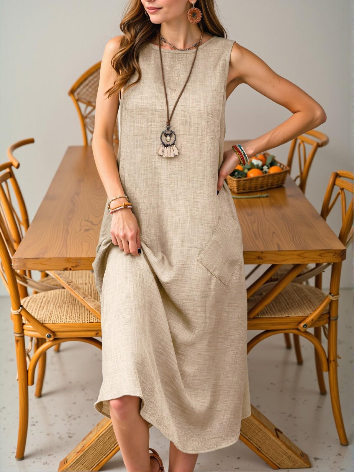 Elegant Apricot Maxi Sleeveless Sundress with Dual Pockets for Beach and Vacation Style - Chic, Classy and Trendy Fashion to Dress to Impress - Image 3