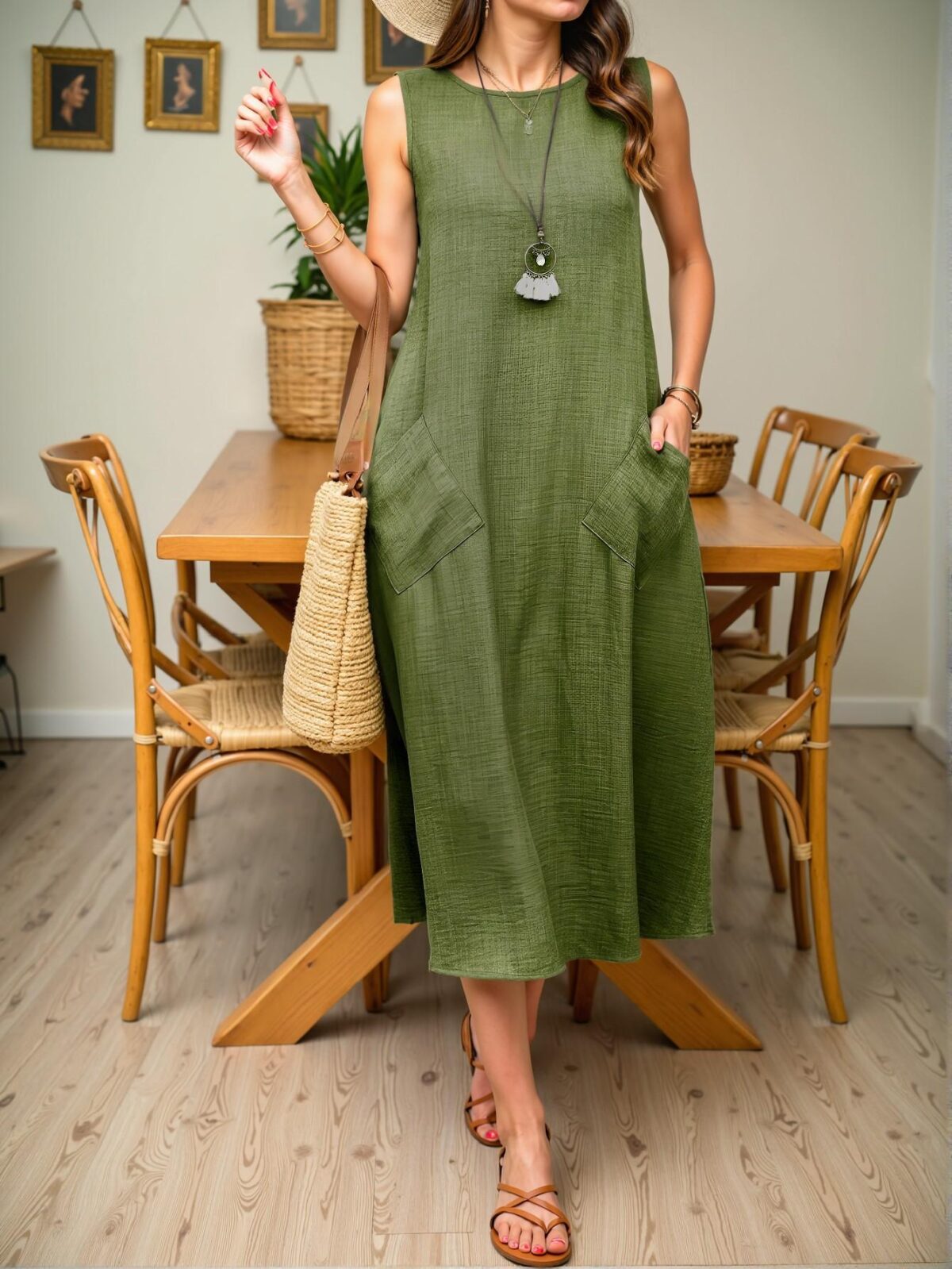 Elegant Army Green Casual Loose Sleeveless Pocketed Dress for Effortless Style Chic, Classy and Trendy Fashion to Dress to Impress