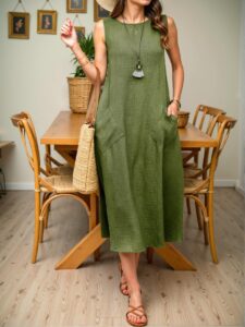 Elegant Army Green Casual Loose Sleeveless Pocketed Dress for Effortless Style Chic, Classy and Trendy Fashion to Dress to Impress
