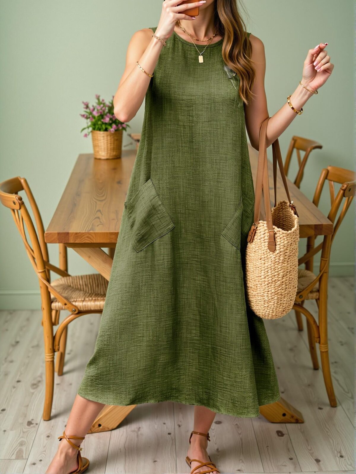Elegant Army Green Casual Loose Sleeveless Pocketed Dress for Effortless Style Chic, Classy and Trendy Fashion to Dress to Impress - Image 4