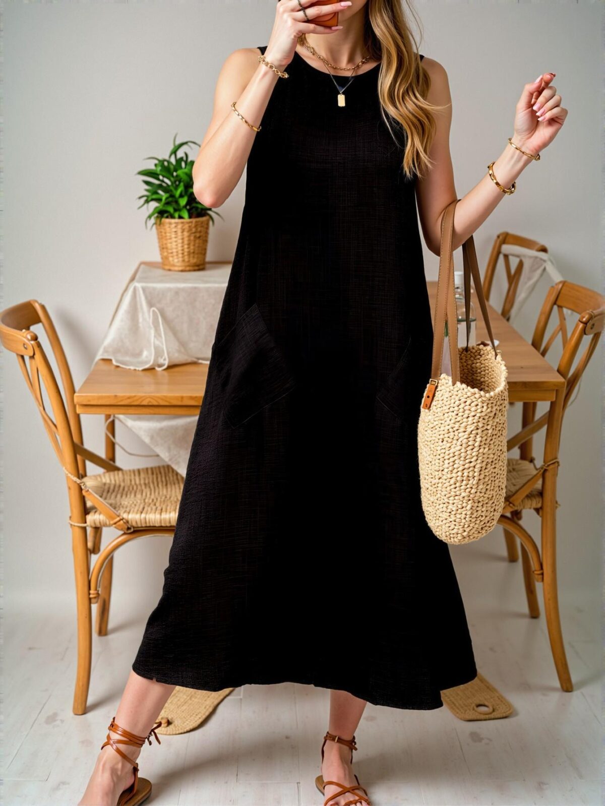 Elegant Black Relaxed Oblique Pocket Maxi Dress for Summer Outings - Chic, Classy and Trendy Fashion Style to Dress to Impress - Image 4
