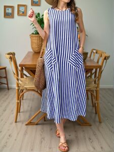 Elegant Blue Casual Striped Bamboo Node Sleeveless Long Dress with Pockets for Spring/Summer - Chic, Classy and Trendy Fashion Style to Dress to Impress