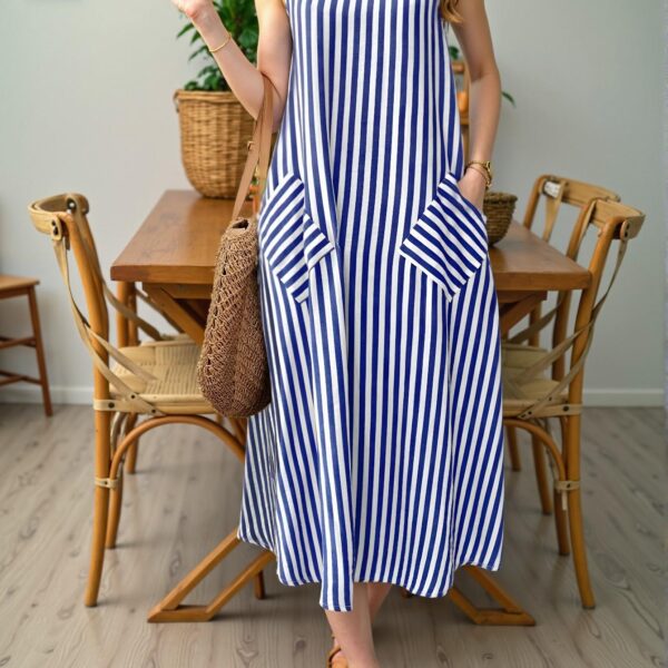 Elegant Blue Casual Striped Bamboo Node Sleeveless Long Dress with Pockets for Spring/Summer - Chic, Classy and Trendy Fashion Style to Dress to Impress