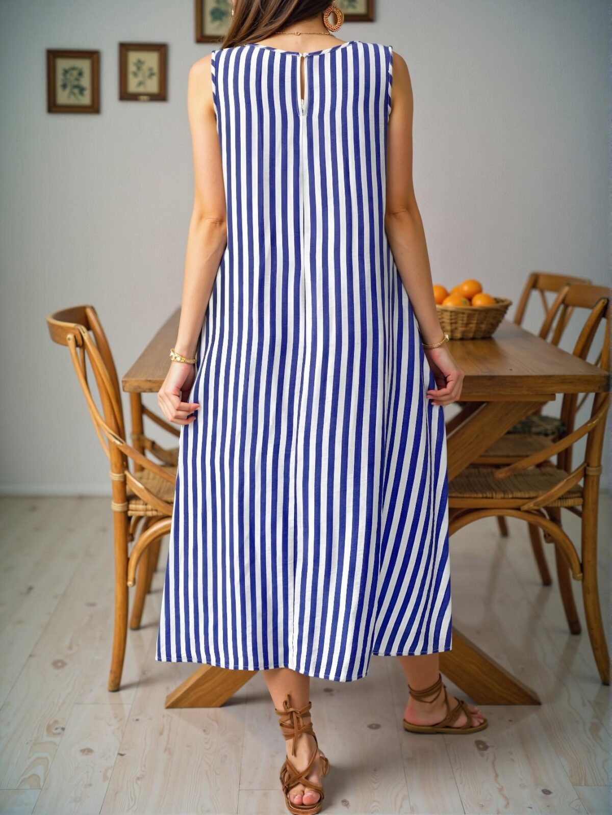 Elegant Blue Casual Striped Bamboo Node Sleeveless Long Dress with Pockets for Spring/Summer - Chic, Classy and Trendy Fashion Style to Dress to Impress - Image 2
