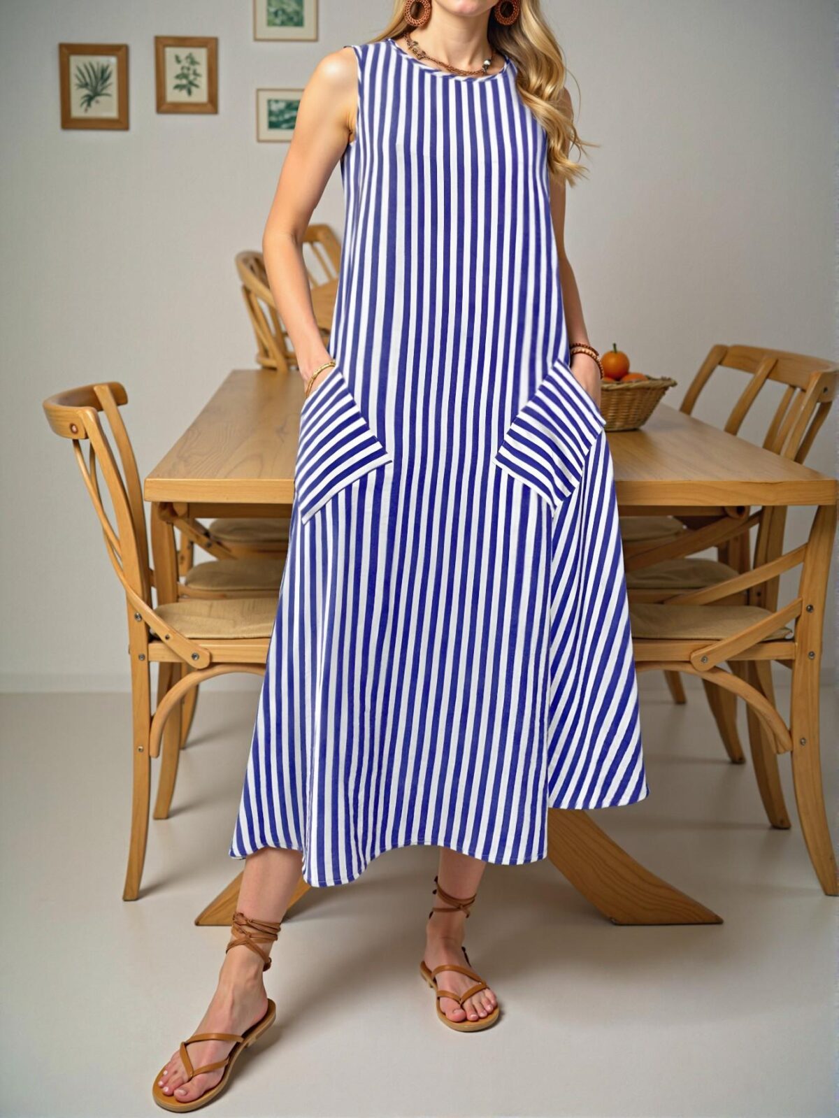 Elegant Blue Casual Striped Bamboo Node Sleeveless Long Dress with Pockets for Spring/Summer - Chic, Classy and Trendy Fashion Style to Dress to Impress - Image 3