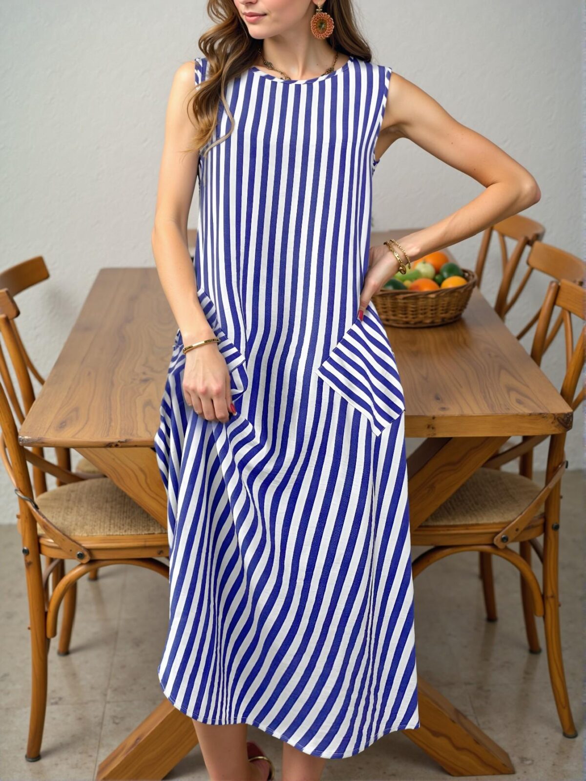 Elegant Blue Casual Striped Bamboo Node Sleeveless Long Dress with Pockets for Spring/Summer - Chic, Classy and Trendy Fashion Style to Dress to Impress - Image 4