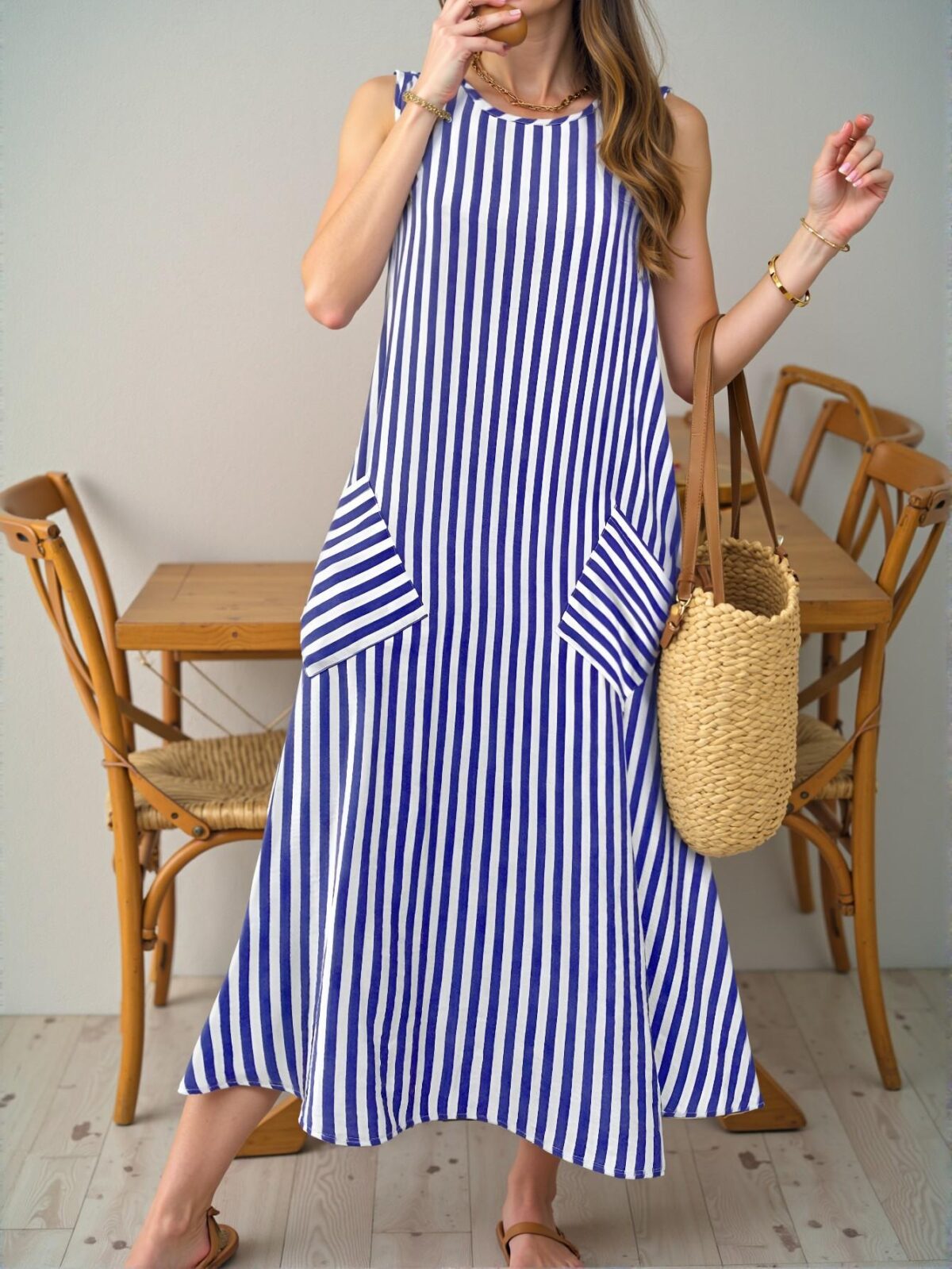 Elegant Blue Casual Striped Bamboo Node Sleeveless Long Dress with Pockets for Spring/Summer - Chic, Classy and Trendy Fashion Style to Dress to Impress - Image 5