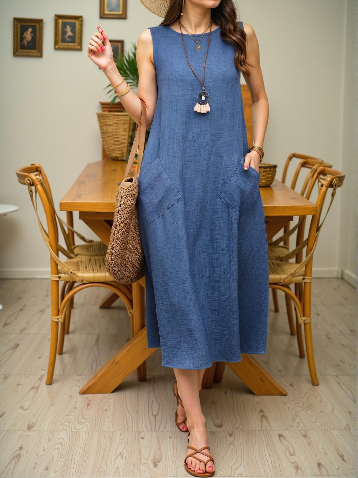 Elegant Blue Casual Sleeveless Maxi Dress for Relaxed Days at Home or Beach Outings - Chic, Classy and Trendy Fashion Style to Dress to Impress