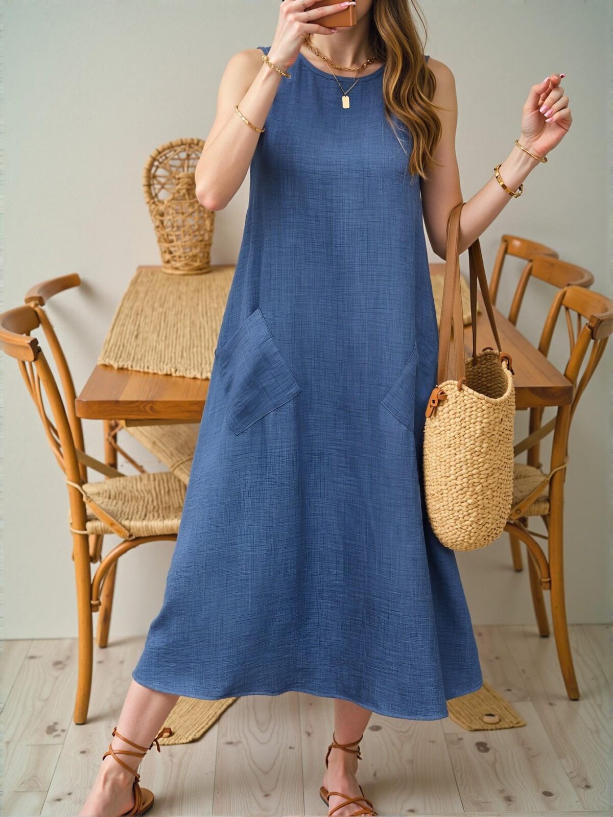 Elegant Blue Casual Sleeveless Maxi Dress for Relaxed Days at Home or Beach Outings - Chic, Classy and Trendy Fashion Style to Dress to Impress - Image 4