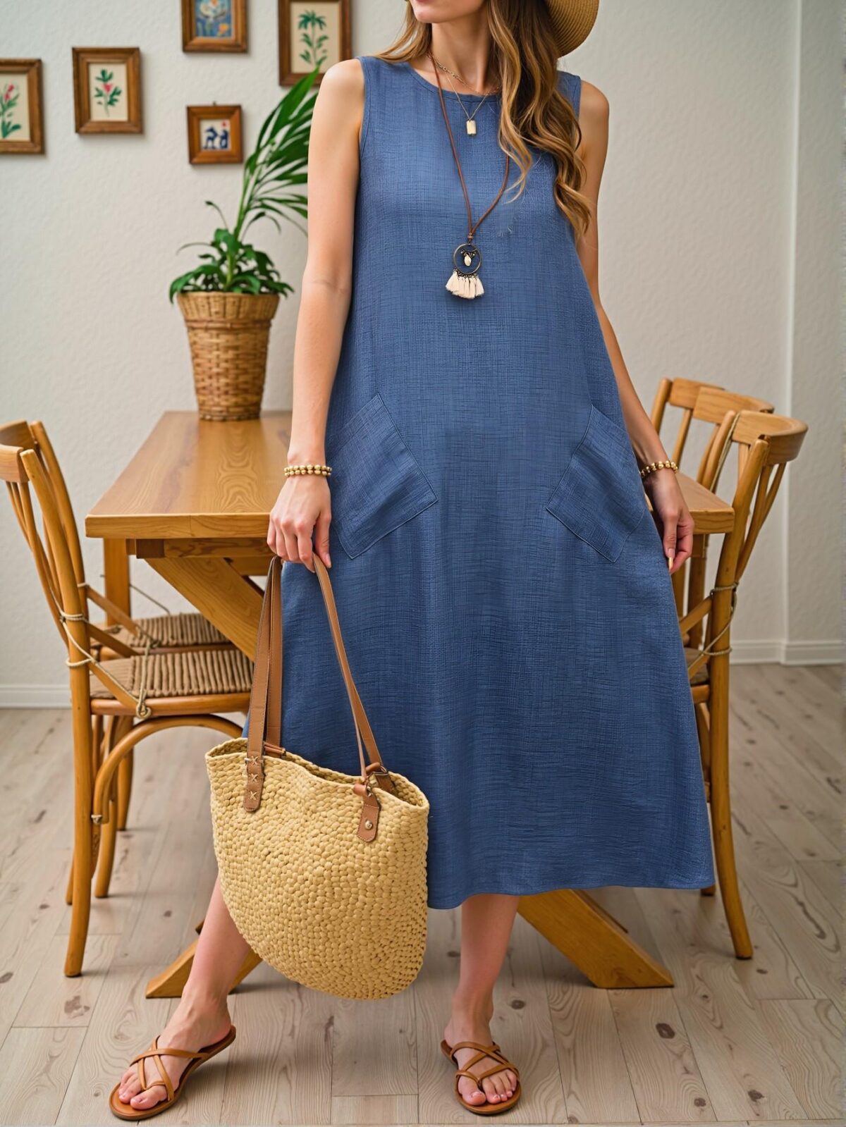 Elegant Blue Casual Sleeveless Maxi Dress for Relaxed Days at Home or Beach Outings - Chic, Classy and Trendy Fashion Style to Dress to Impress - Image 5