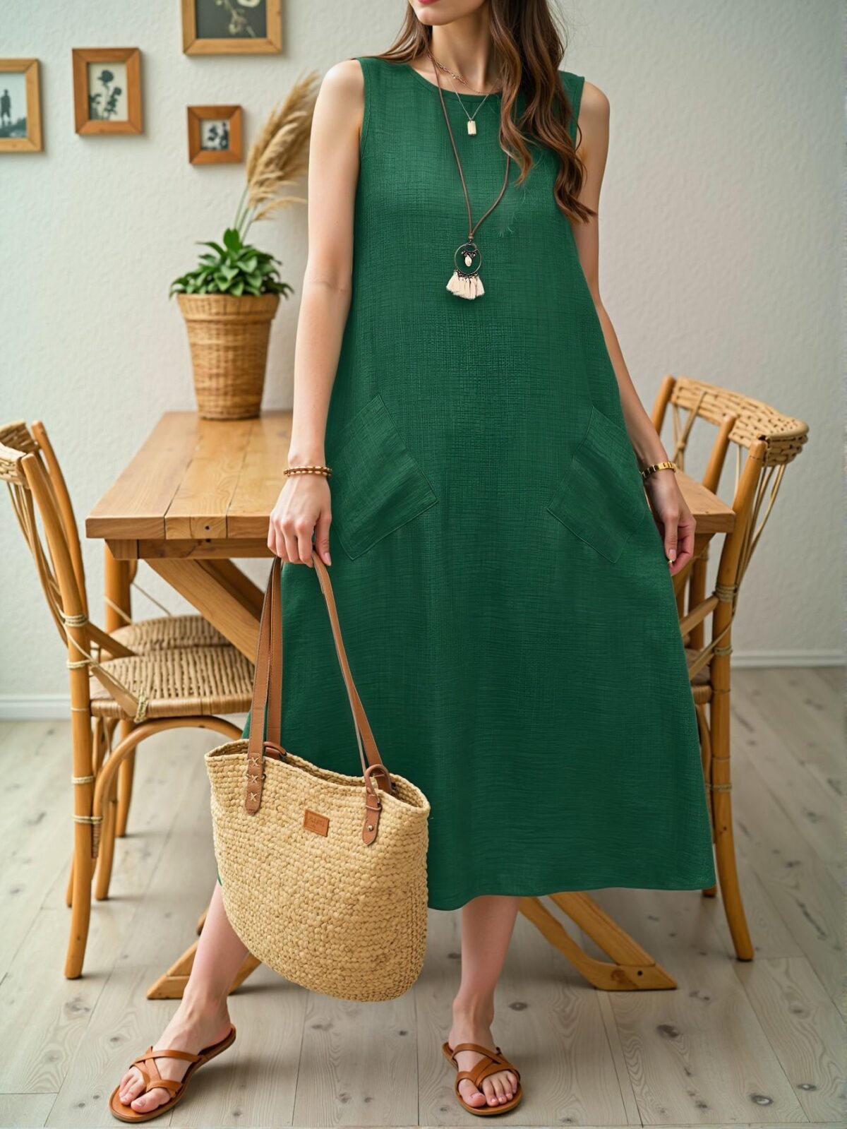 Elegant Green Casual Sleeveless Maxi Dress with Dual Pockets for Beach Vacations – Chic, Classy and Trendy Fashion Style to Dress to Impress - Image 3