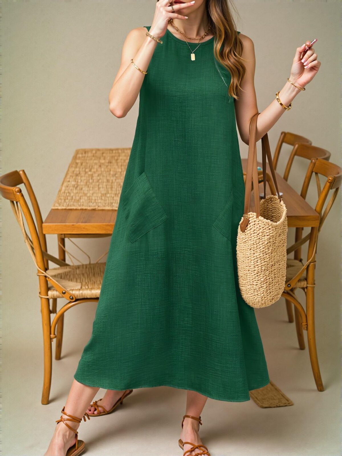 Elegant Green Casual Sleeveless Maxi Dress with Dual Pockets for Beach Vacations – Chic, Classy and Trendy Fashion Style to Dress to Impress - Image 4