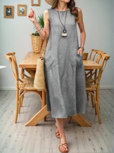 Elegant Grey Casual Crew Neck Sleeveless Pocket Maxi Dress for Vacation and Beach Outings - Chic, Classy and Trendy Fashion Style to Dress to Impress